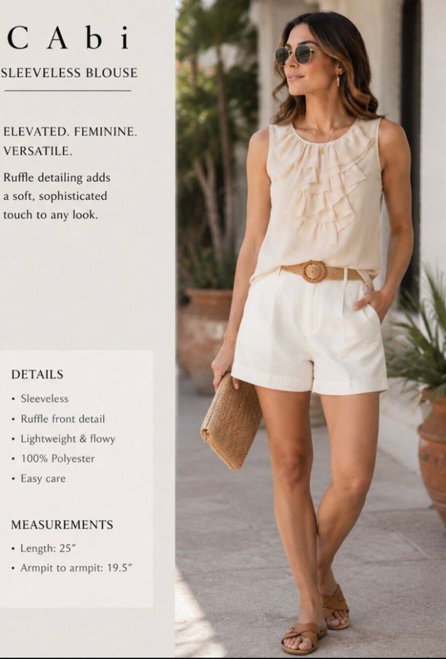 CAbi Cream Ruffle Sleeveless Blouse Medium Ivory Career Office Dressy Top B-10